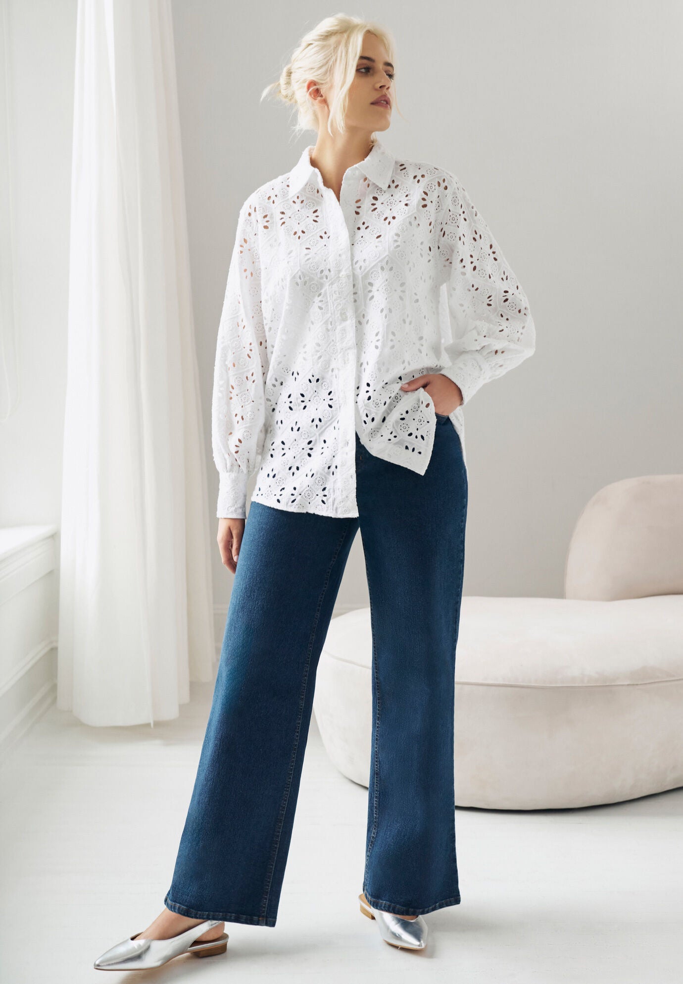 Eyelet Button Front Shirt & Wide Leg Jean Outfit, , hi-res image number 0