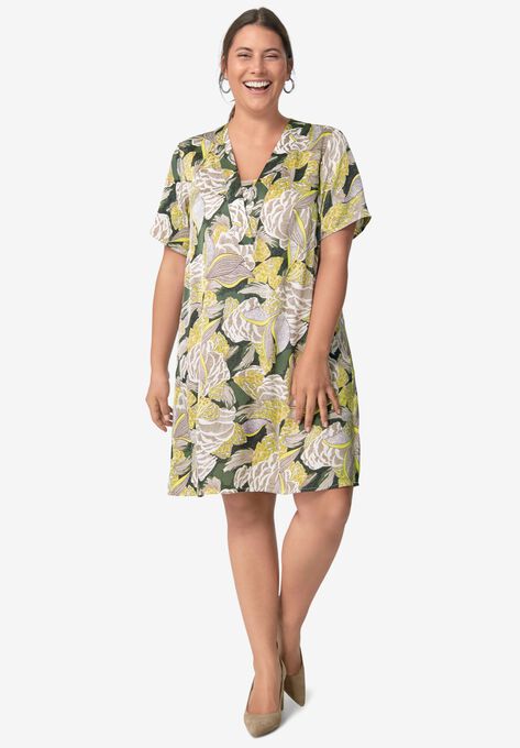 Linen Blend V-Neck Shift Dress, OLIVE YELLOW FLORAL, hi-res image number null