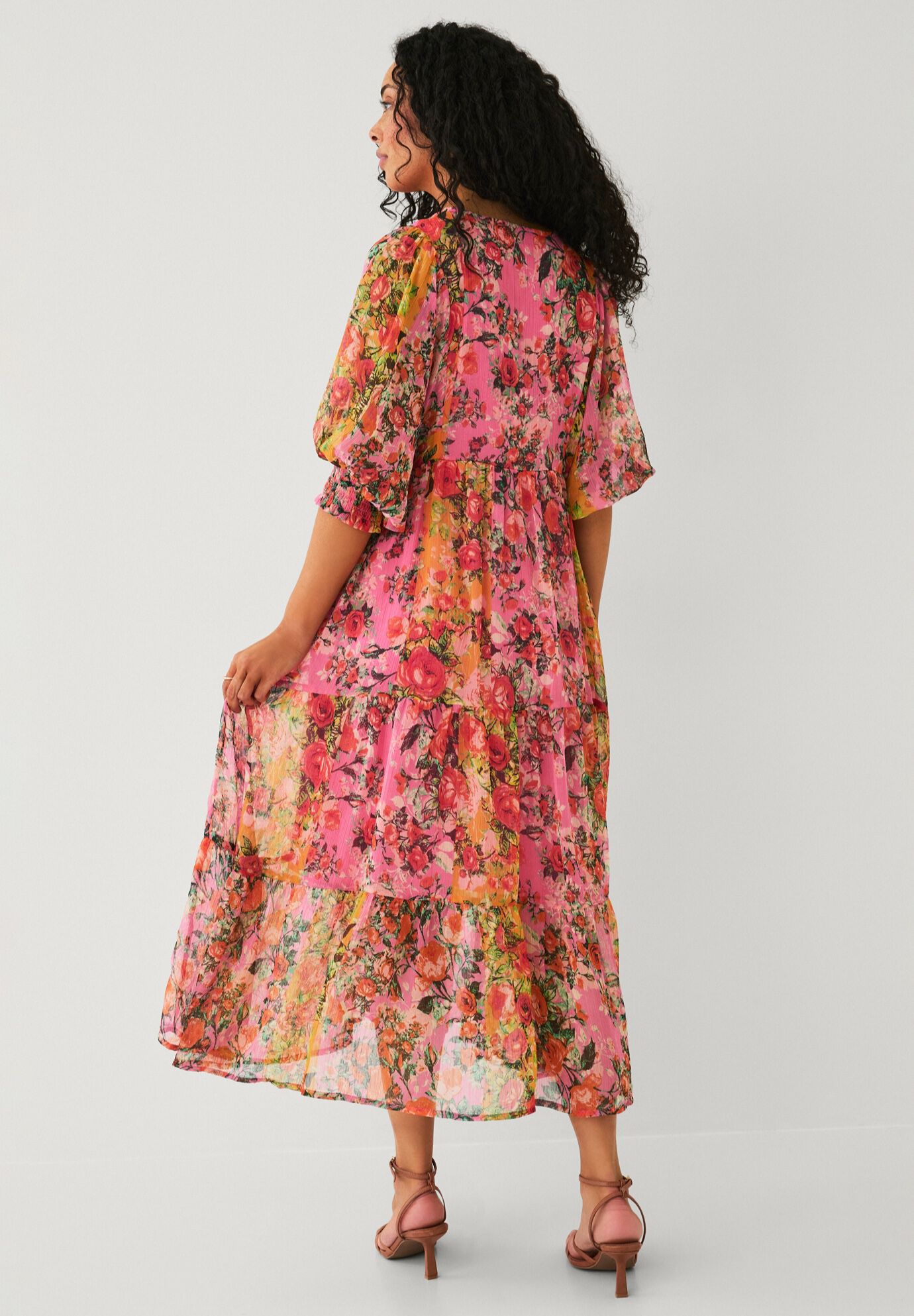 Sheer Tiered Long Midi Dress, PINK MULTI FLORAL, on-hover image number 1