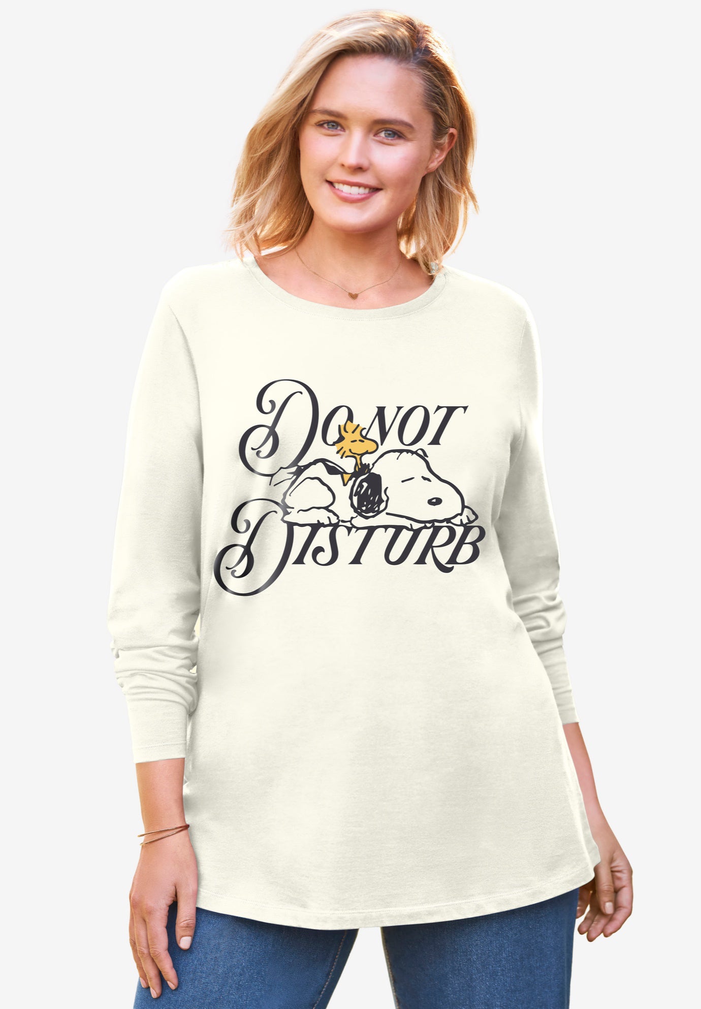 Peanuts Women's Long Sleeve Crew Tee Ivory Snoopy image number 0