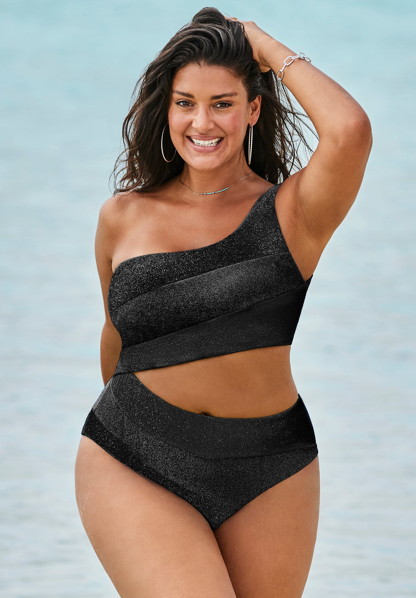 One Shoulder Color Block Cutout One Piece Swimsuit image number 0