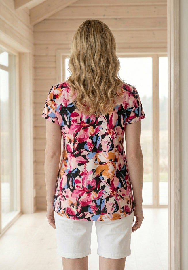 Stretch Jersey Knit V-Neck Inverted Pleat Short Sleeve Tunic image number 1