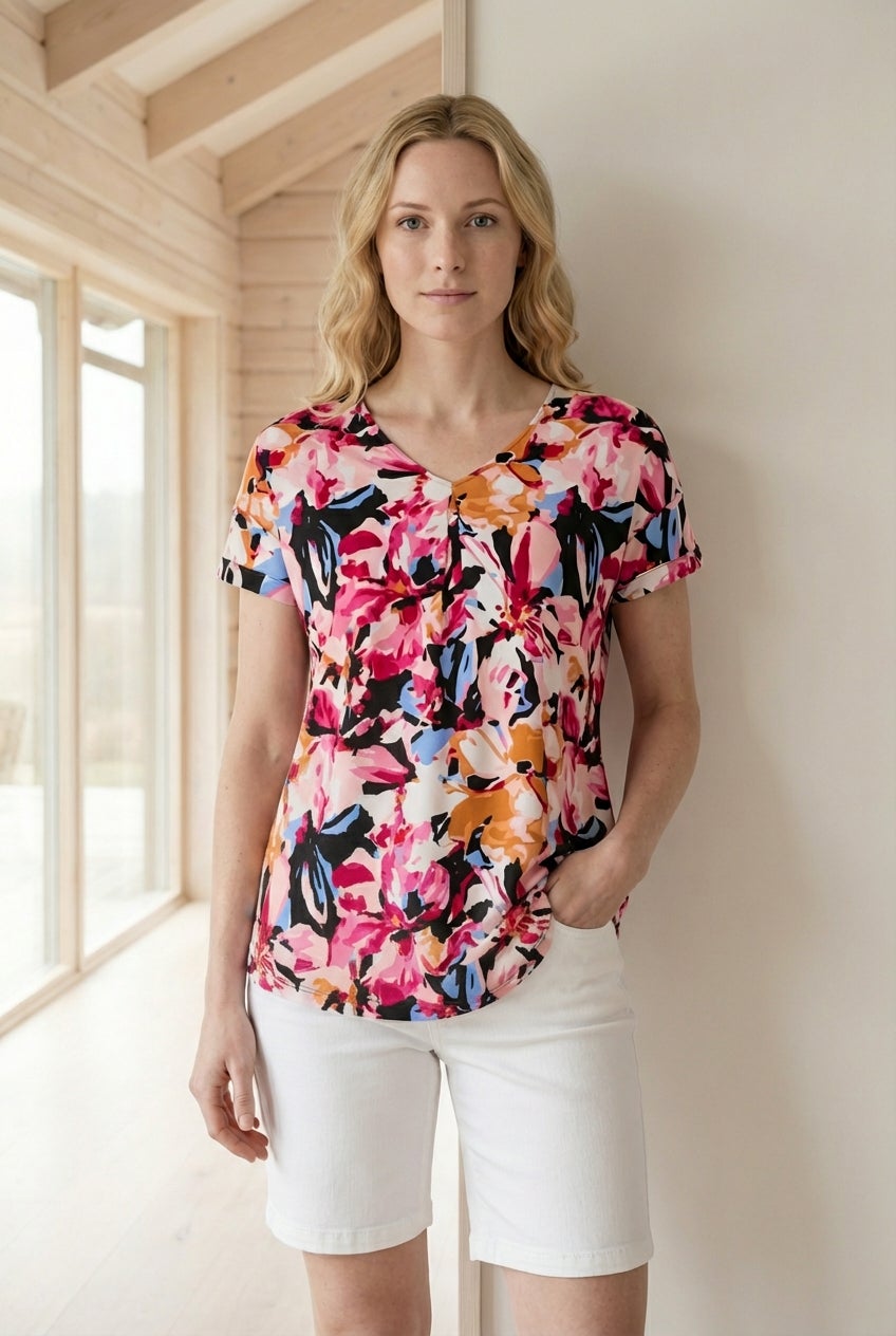 Stretch Jersey Knit V-Neck Inverted Pleat Short Sleeve Tunic image number 0