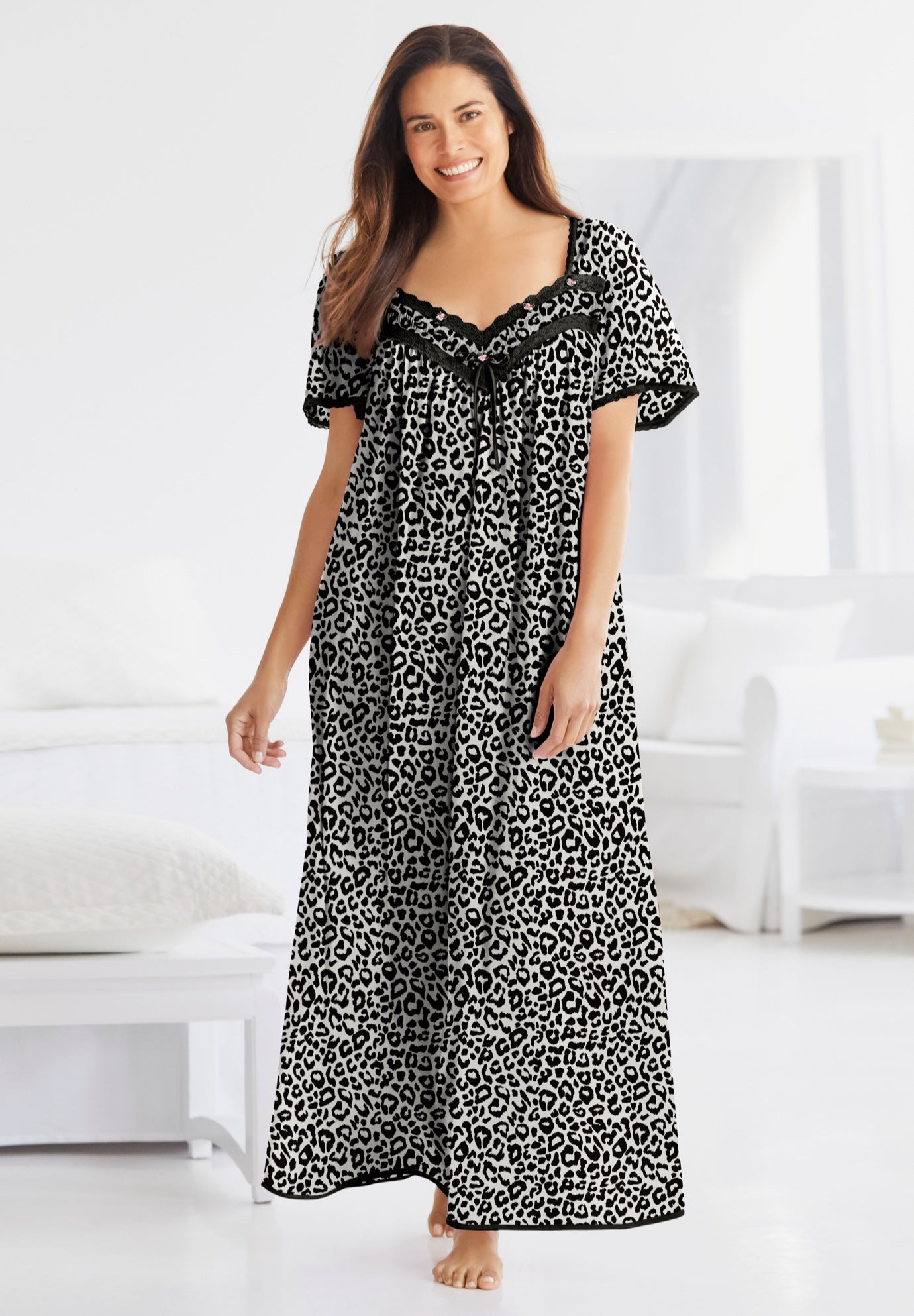 Long Silky Lace-Trim Gown image number 0