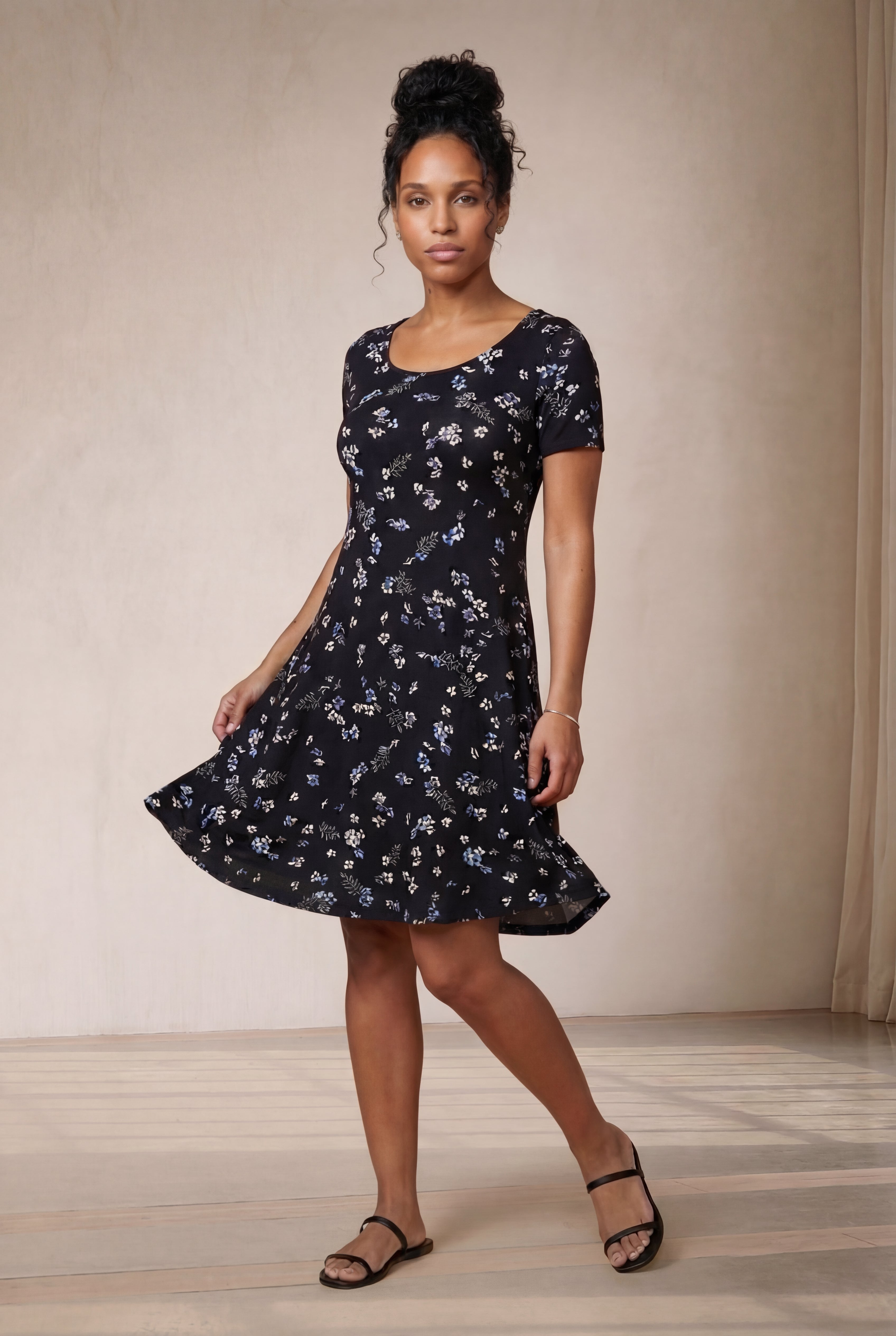 Stretch Knit Scoop Neck Short Sleeve A Line Dress image number 0