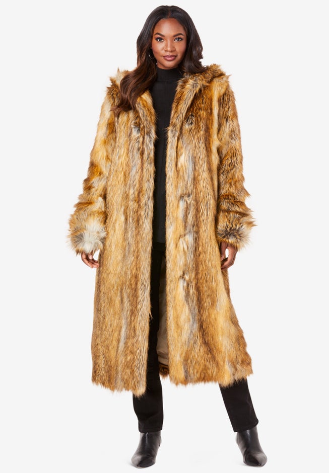Plus Size Hooded Faux Fur Coat Ellos
