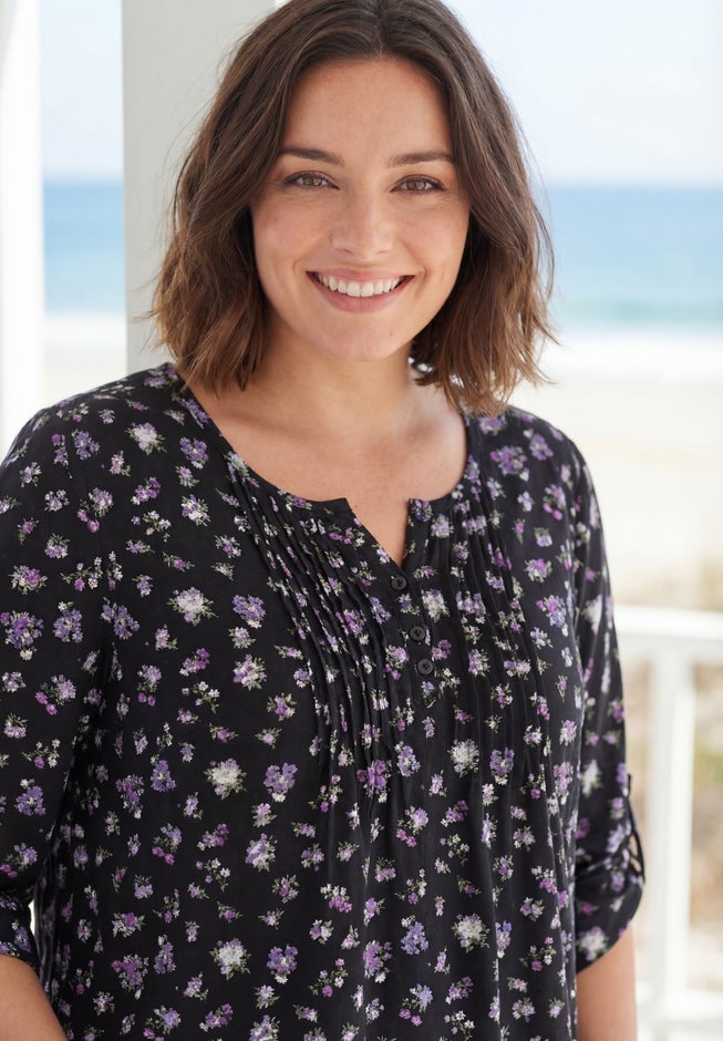 7-Day Three-Quarter Sleeve Pintucked Henley Tunic image number 1