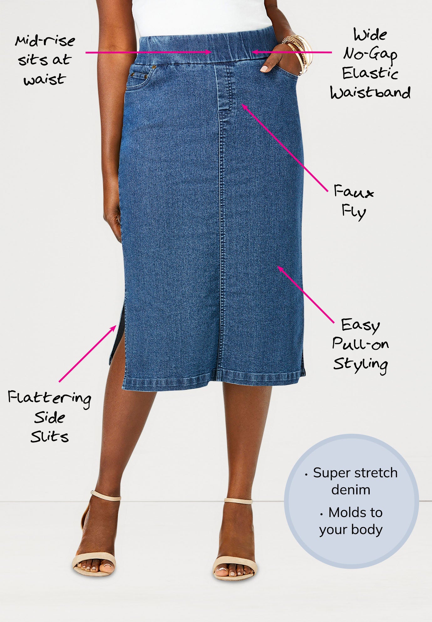 Comfort Waist Stretch Denim Midi Skirt image number 1