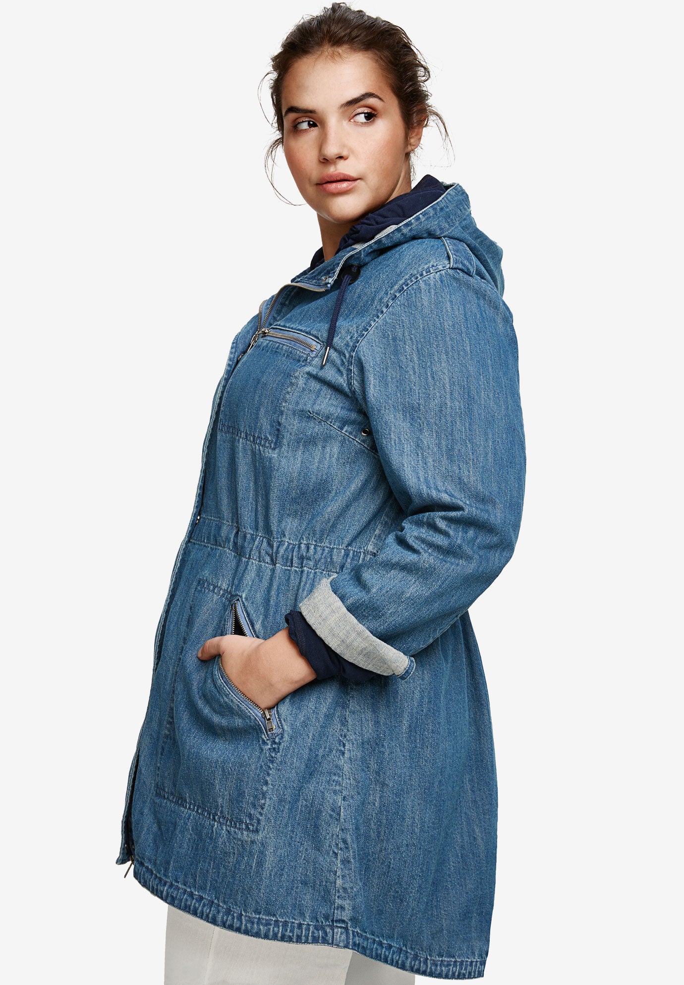 Hooded Denim Anorak Jacket with Drawstrings, Medium
