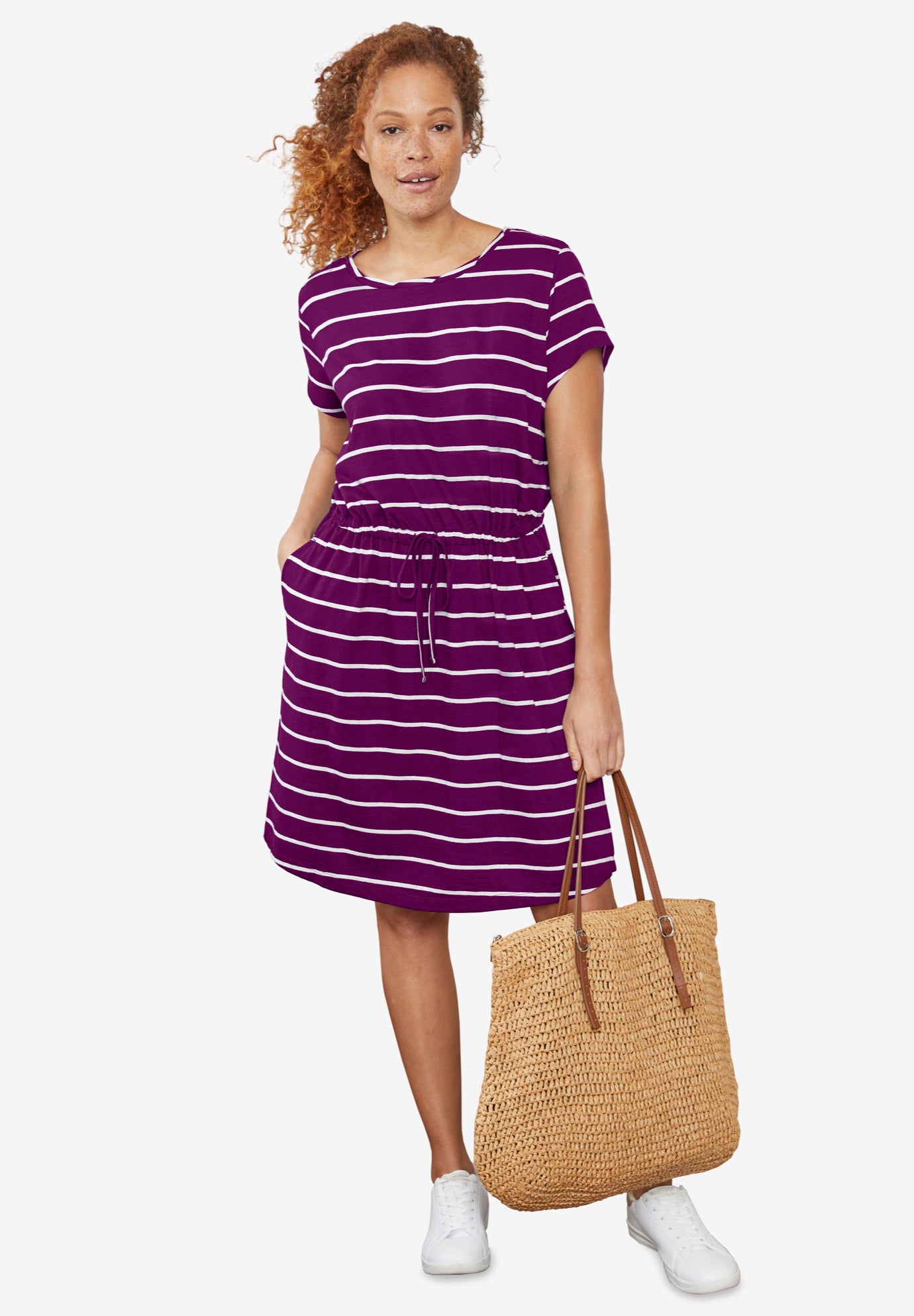 Cotton Jersey Knit Cinched-Waist Drawstring Midi Dress image number 0