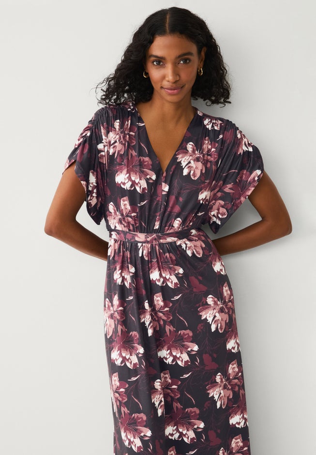 Stretch Knit Fit And Flare Elbow-Length Sleeve Tie-Back Maxi Dress image number 1