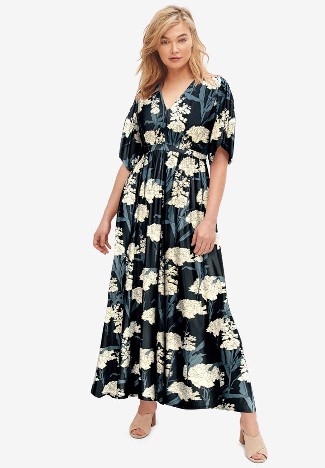 Plus Size Women's Stretch Knit Fit And Flare Elbow-Length Sleeve Tie-Back Maxi Dress by ellos in Black Ivory Floral (Size 18/20) Plus Size Women's Stretch Knit Fit And Flare Elbow-Length Sleeve Tie-Back Maxi Dress by ellos in Black Ivory Floral (Size 18/20)