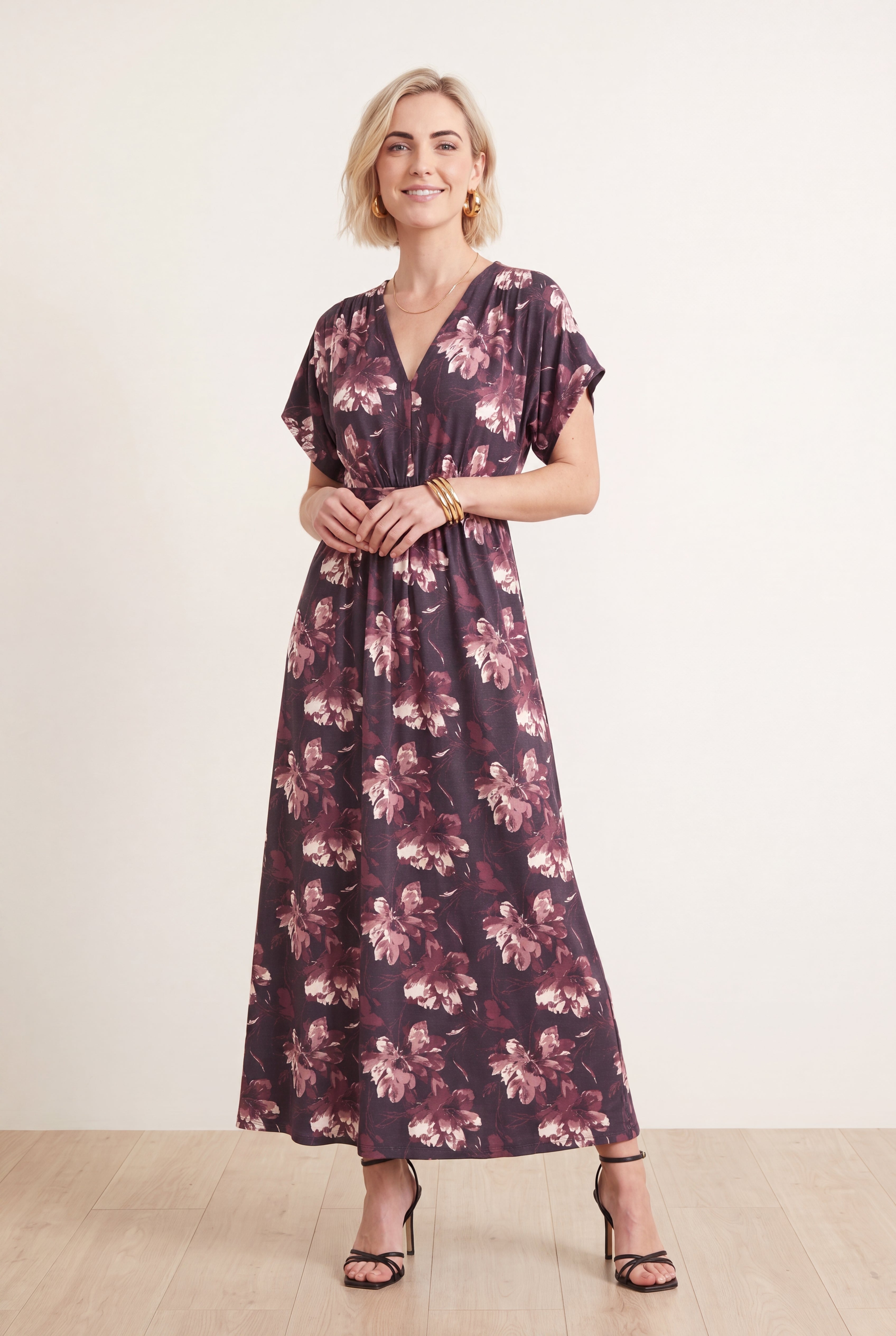 Stretch Knit Fit And Flare Elbow-Length Sleeve Tie-Back Maxi Dress image number 0