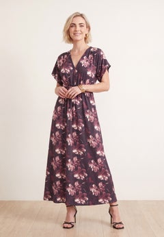 Stretch Knit Fit And Flare Elbow-Length Sleeve Tie-Back Maxi Dress