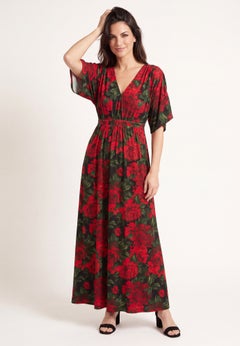 Stretch Knit Fit And Flare Elbow-Length Sleeve Tie-Back Maxi Dress