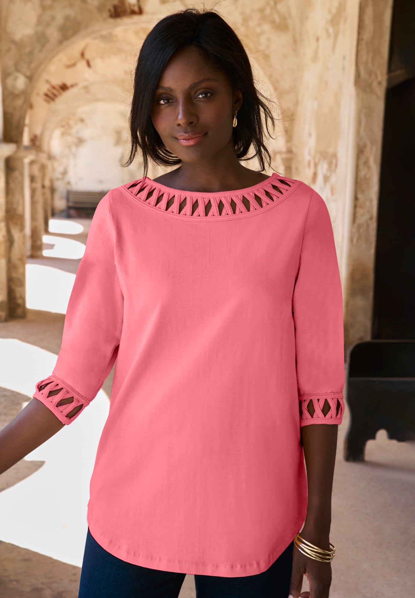 Stretch Cotton Lattice Boatneck Tunic image number 0