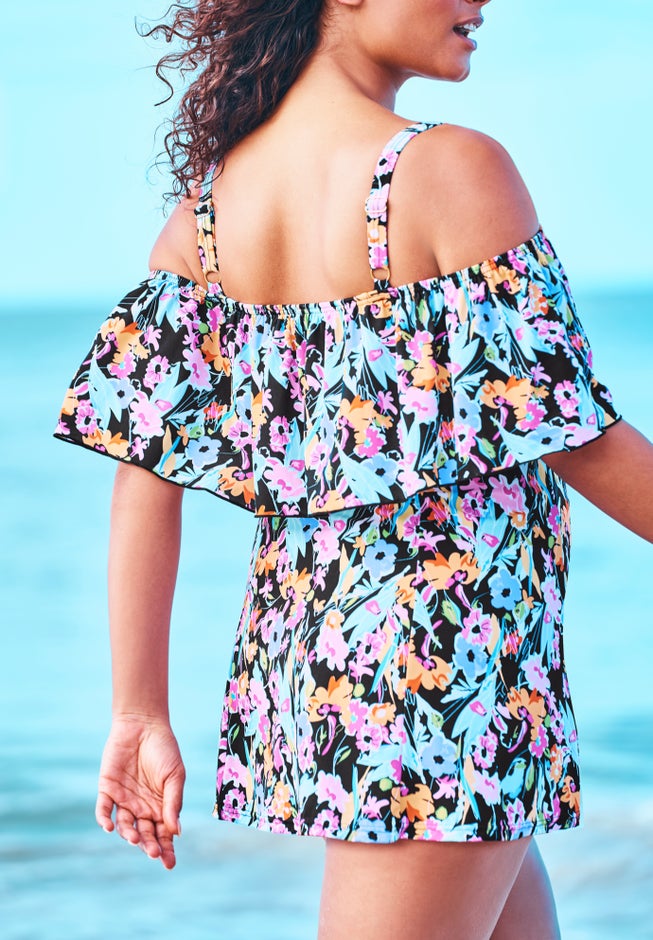 Off-The-Shoulder Flounce Swim Dress image number null