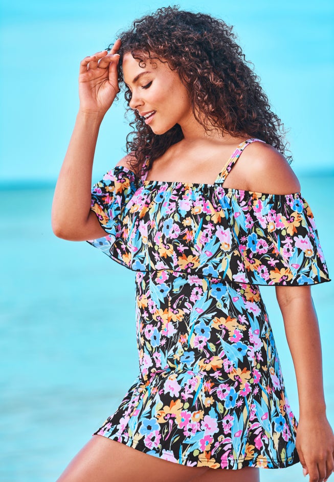 Off-The-Shoulder Flounce Swim Dress image number null