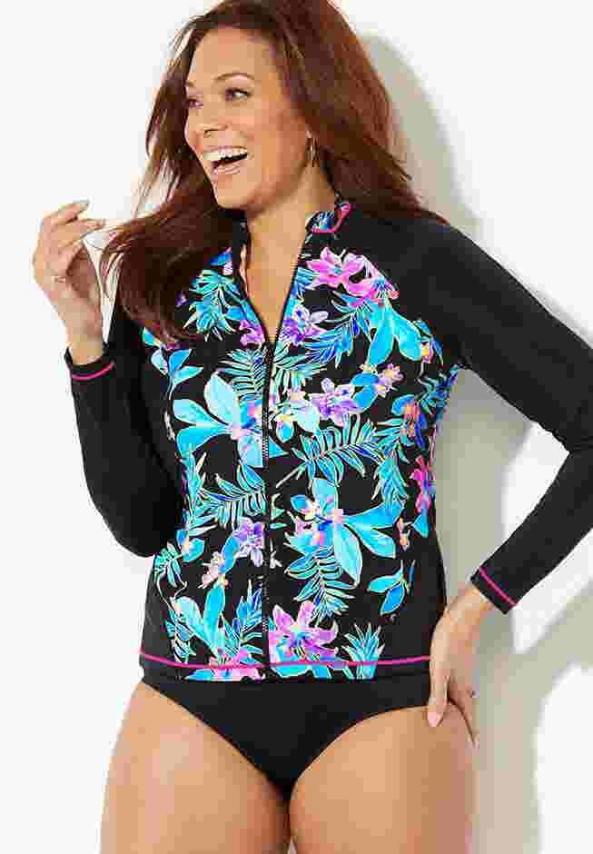 Chlorine Resistant Zip Front Long Sleeve Swim Shirt Rash Guard image number 3