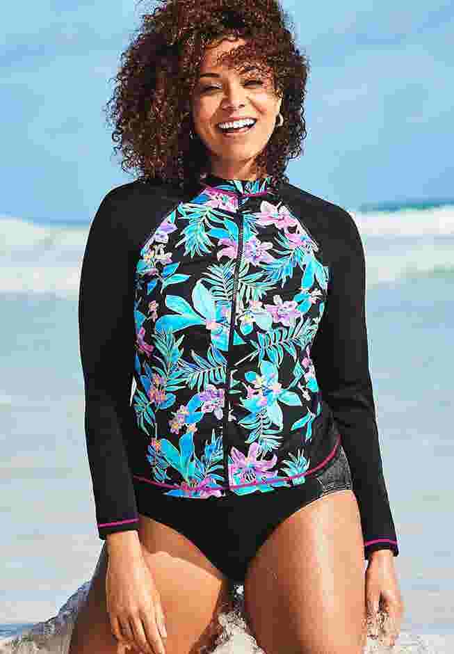 Chlorine Resistant Zip Front Long Sleeve Swim Shirt Rash Guard image number 4