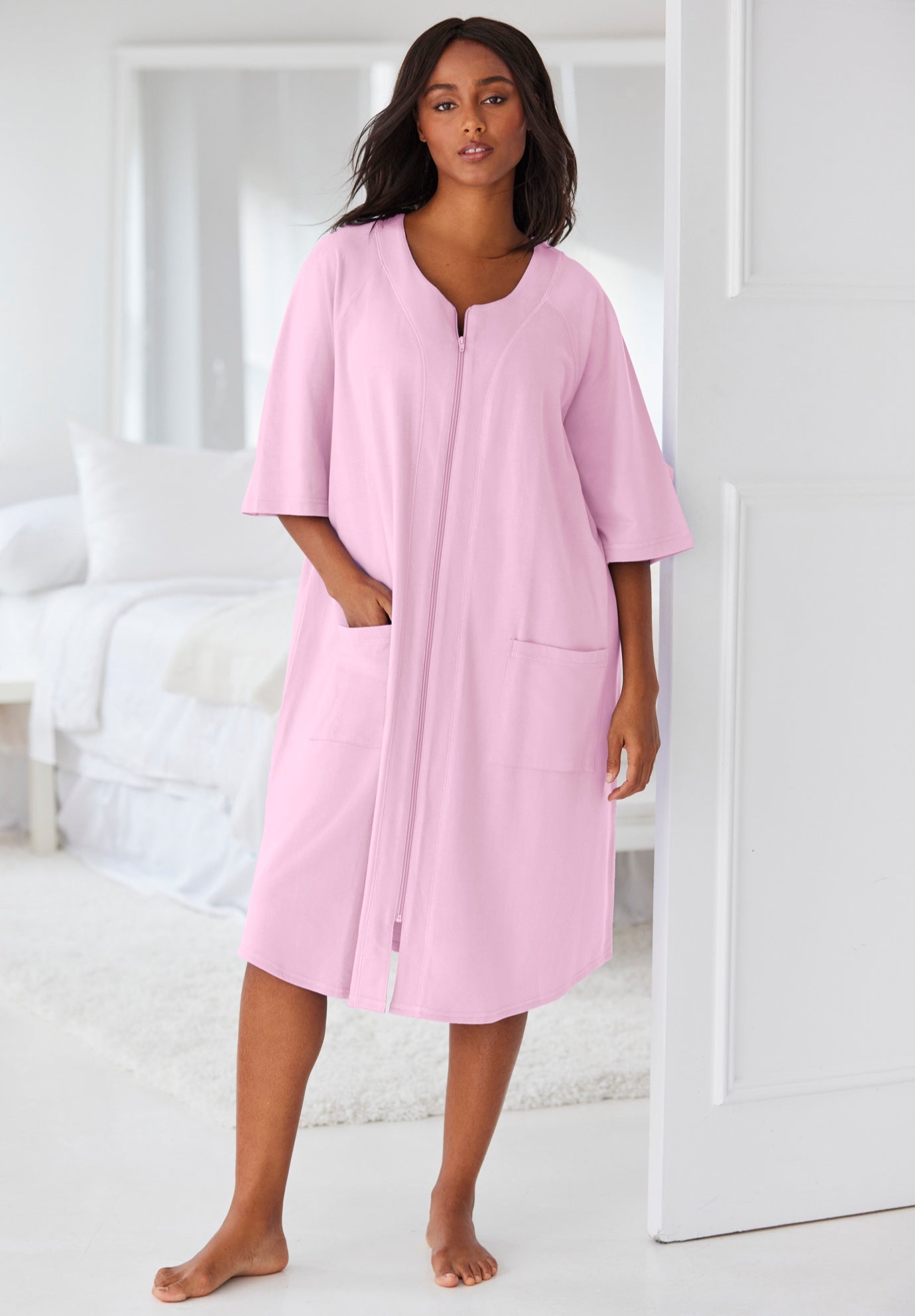 Short French Terry Zip-Front Robe image number 0