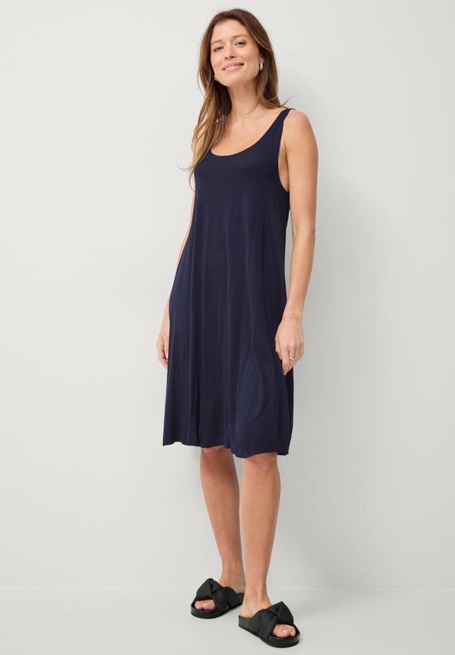 Stretch Jersey Knit A-Line Crossover Back Tank Short Dress image number 1