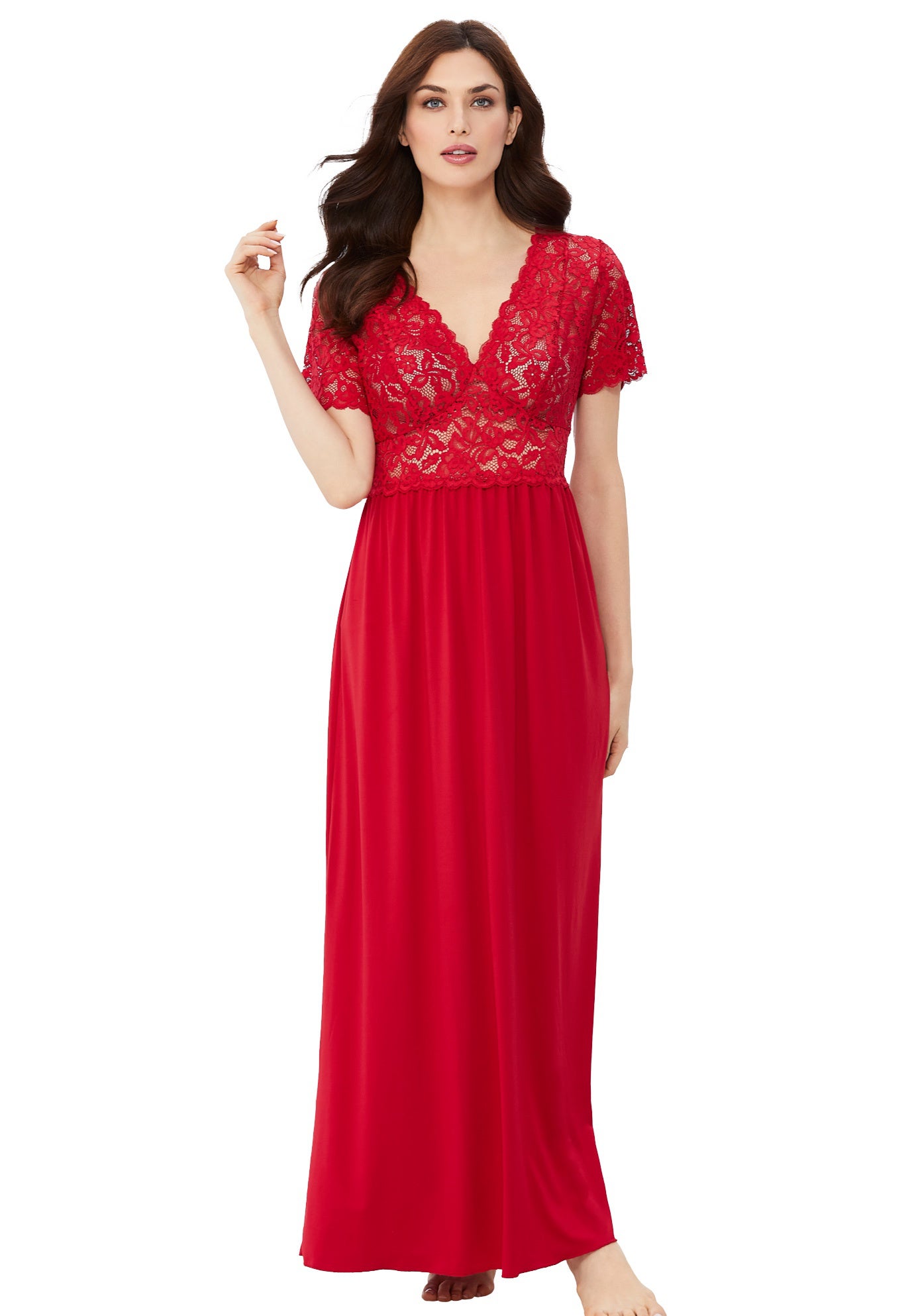 Long Lace Top Stretch Knit Gown image number 0