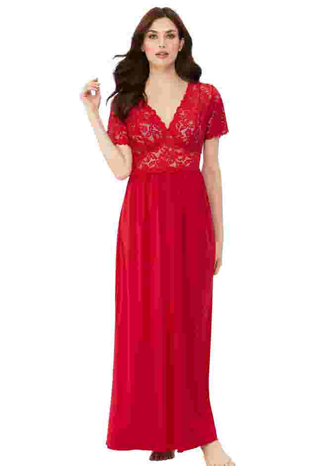 Long Lace Top Stretch Knit Gown image number 0