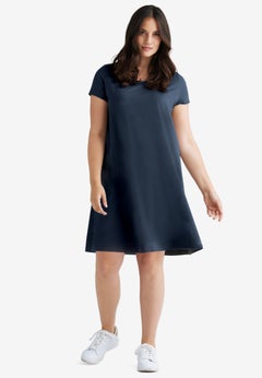 Cotton Spandex A-Line Scoop Neck Short Sleeve Tee Dress