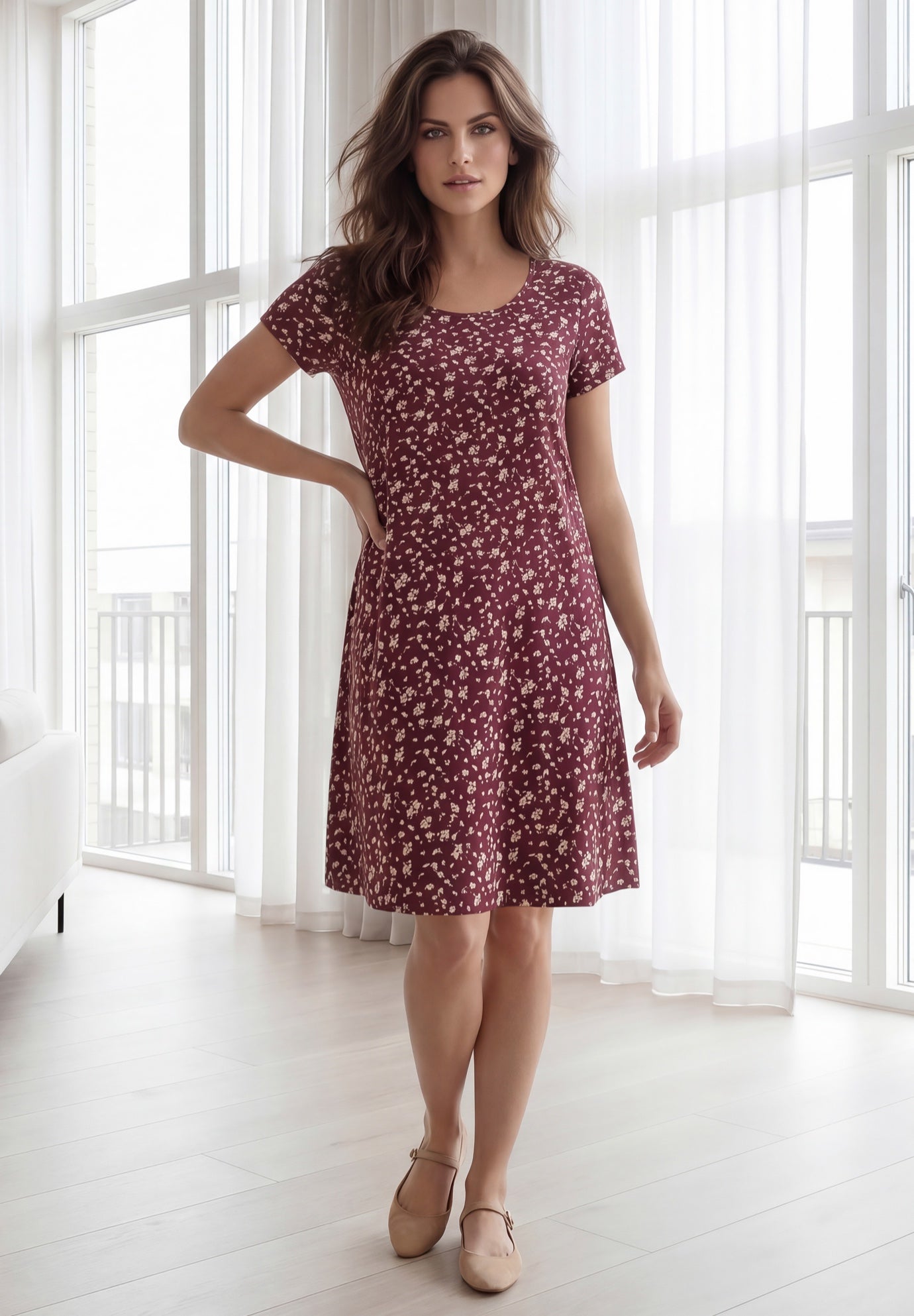 Cotton Spandex A-Line Scoop Neck Short Sleeve Tee Dress image number 0