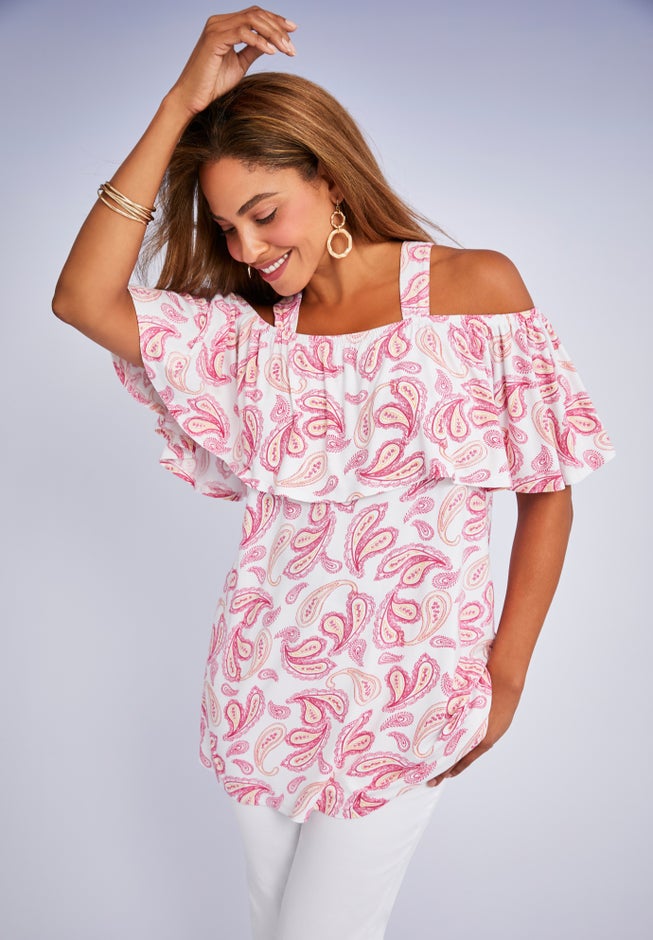 Stretch Knit Cold Shoulder Ruffle Tunic image number 1