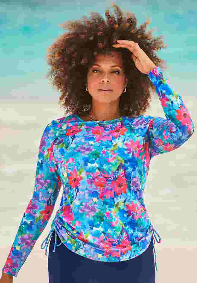 Side-Tie Swim Tee Rash Guard with Built-In Bra image number 0