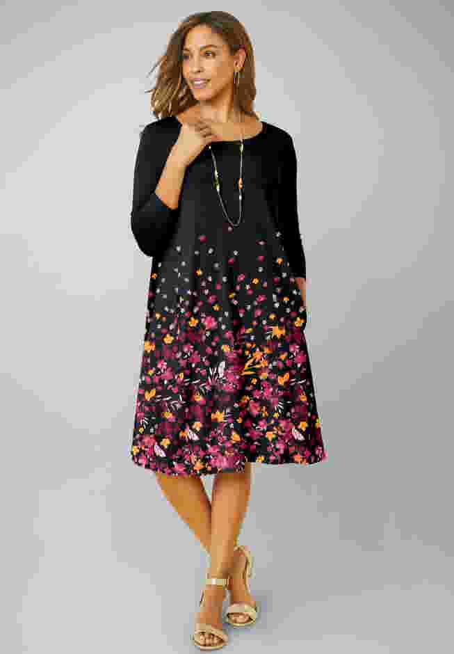 Stretch Knit Three-Quarter Sleeve T-shirt Dress image number 0