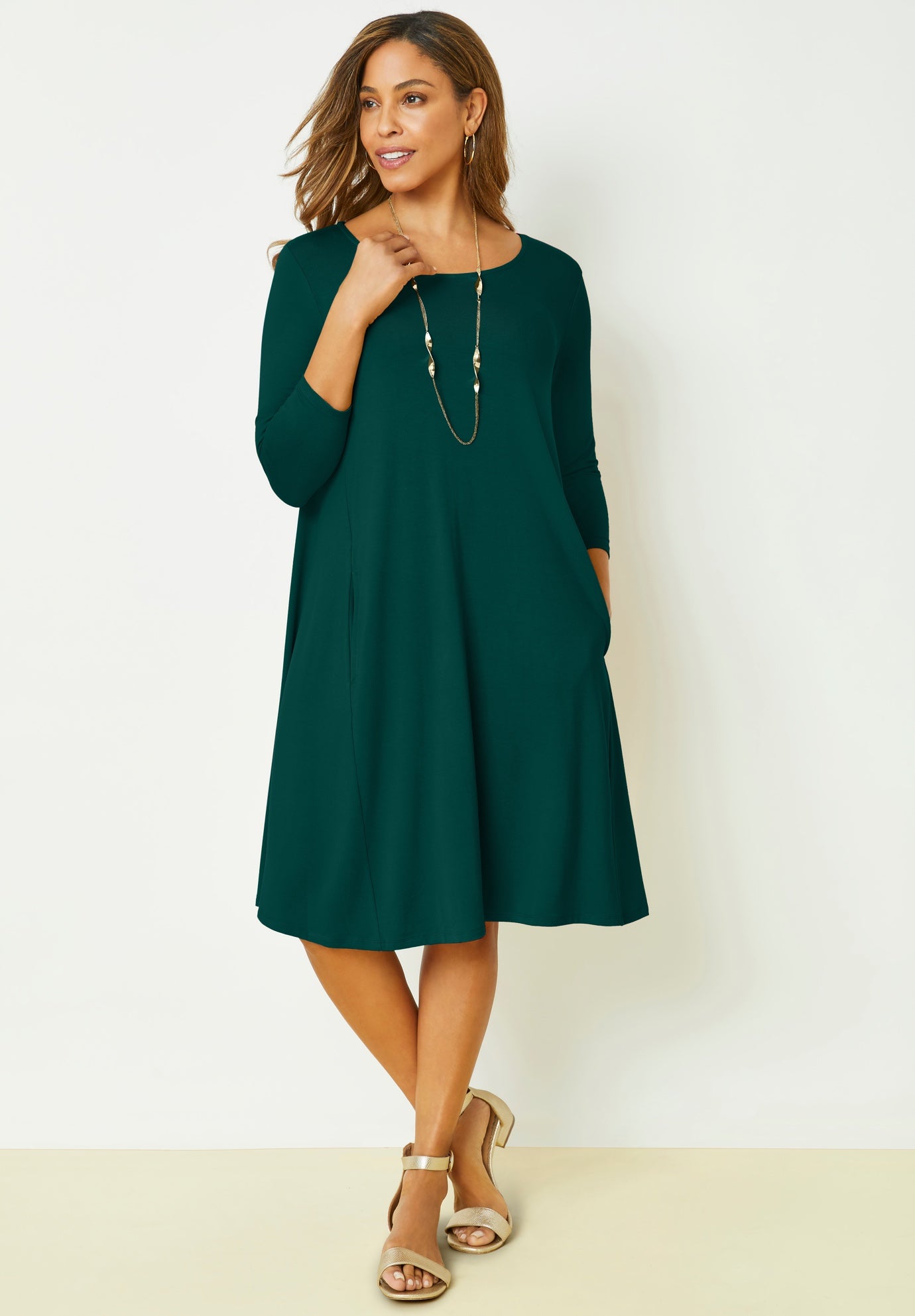 Stretch Knit Three-Quarter Sleeve T-shirt Dress image number 0