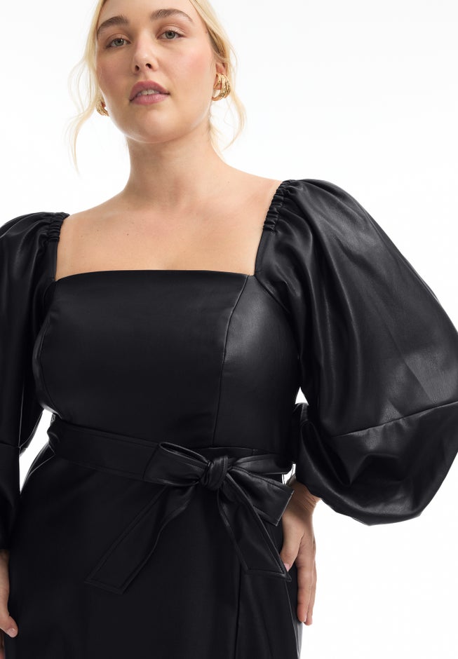 Puff Sleeve Faux Leather Midi Dress image number 3