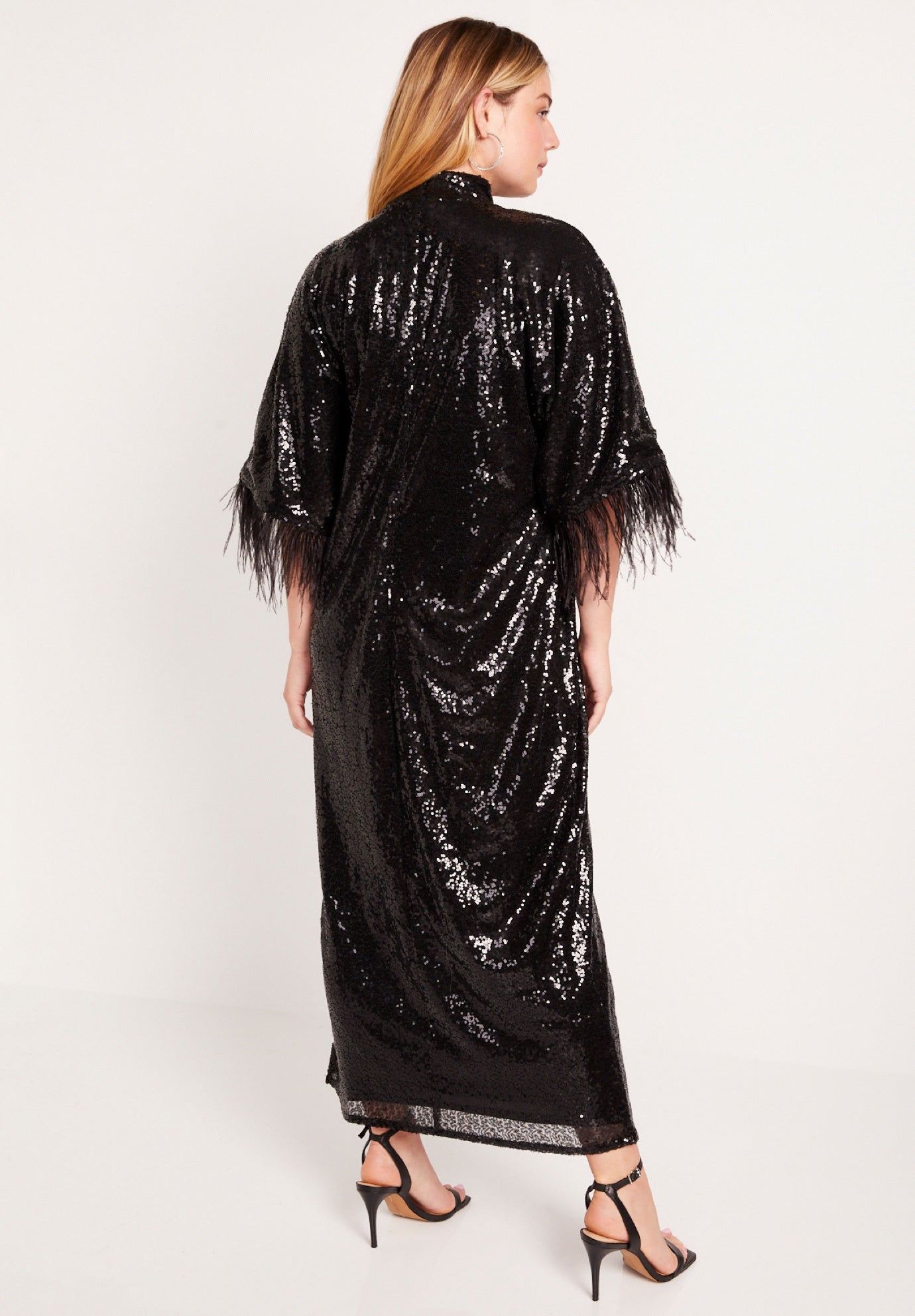 Feather Trim Kimono Sequin Dress image number 1