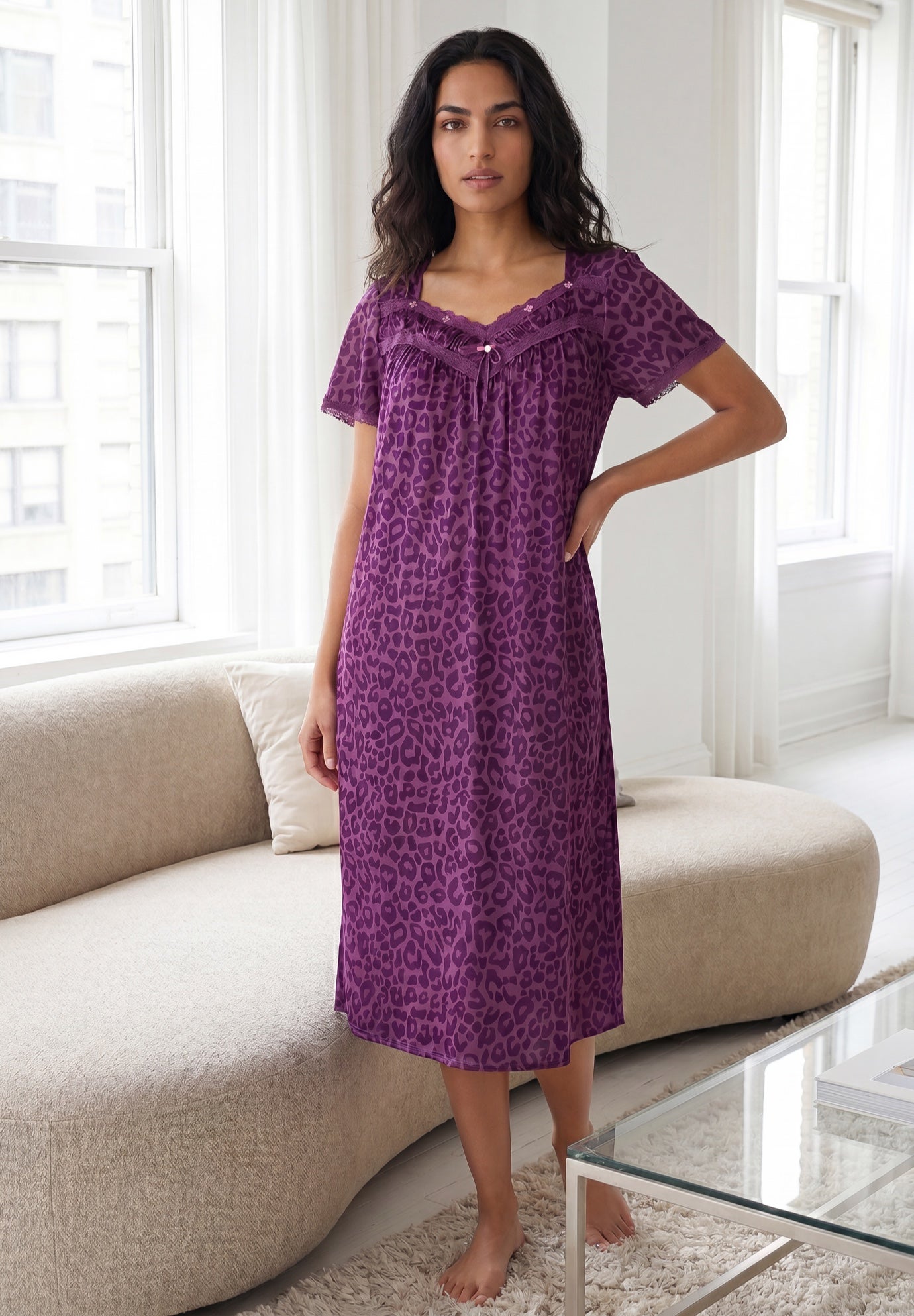 Short Silky Lace-Trim Gown image number 6