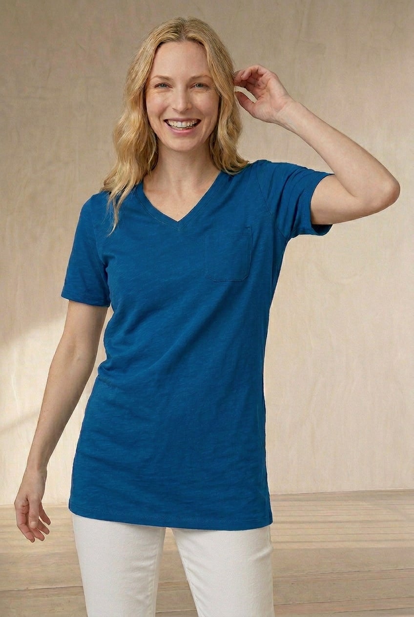 Stretch Knit V-neck Short Sleeve Chest Pocket Tunic image number 0