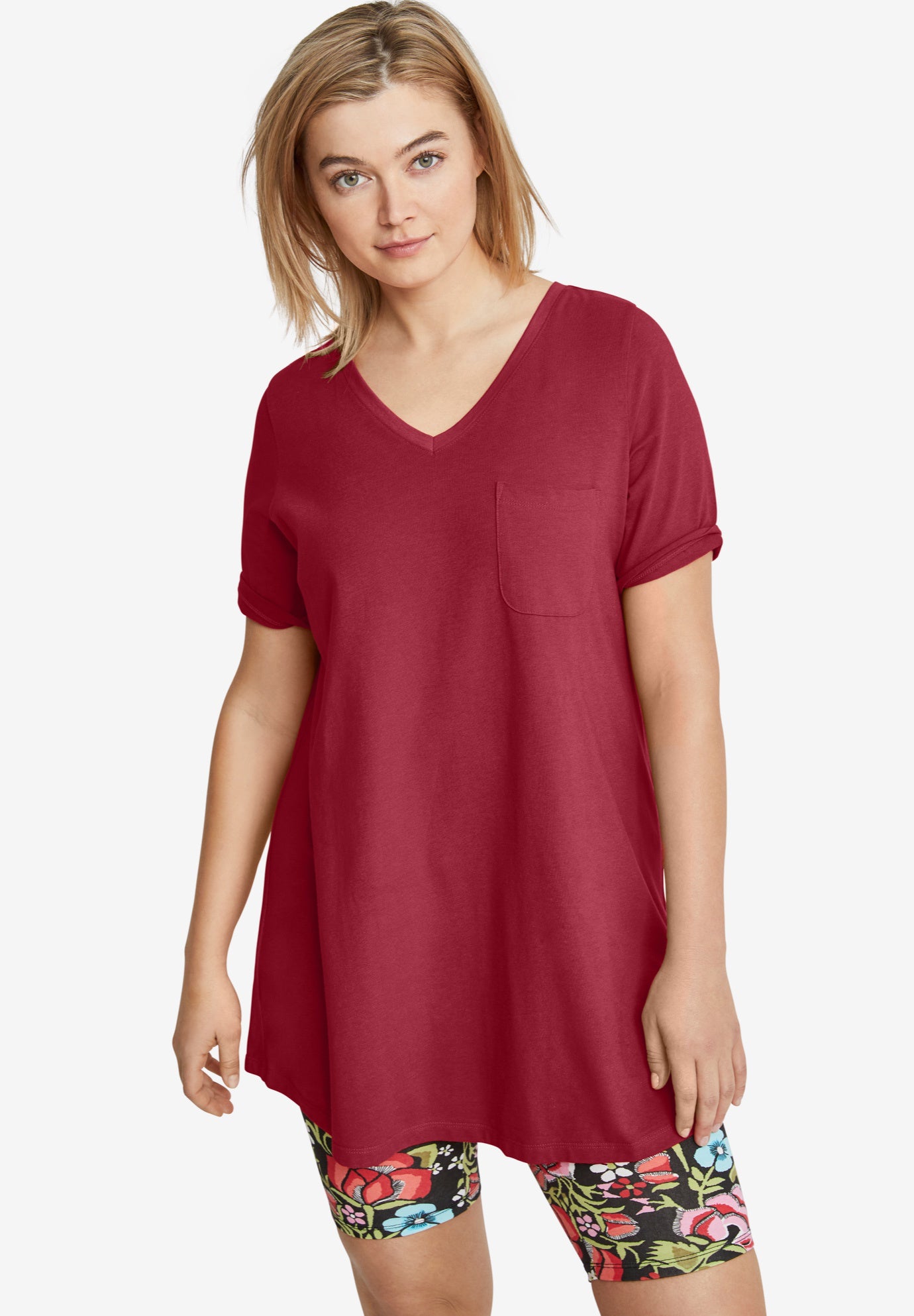Stretch Knit V-neck Short Sleeve Chest Pocket Tunic image number 0