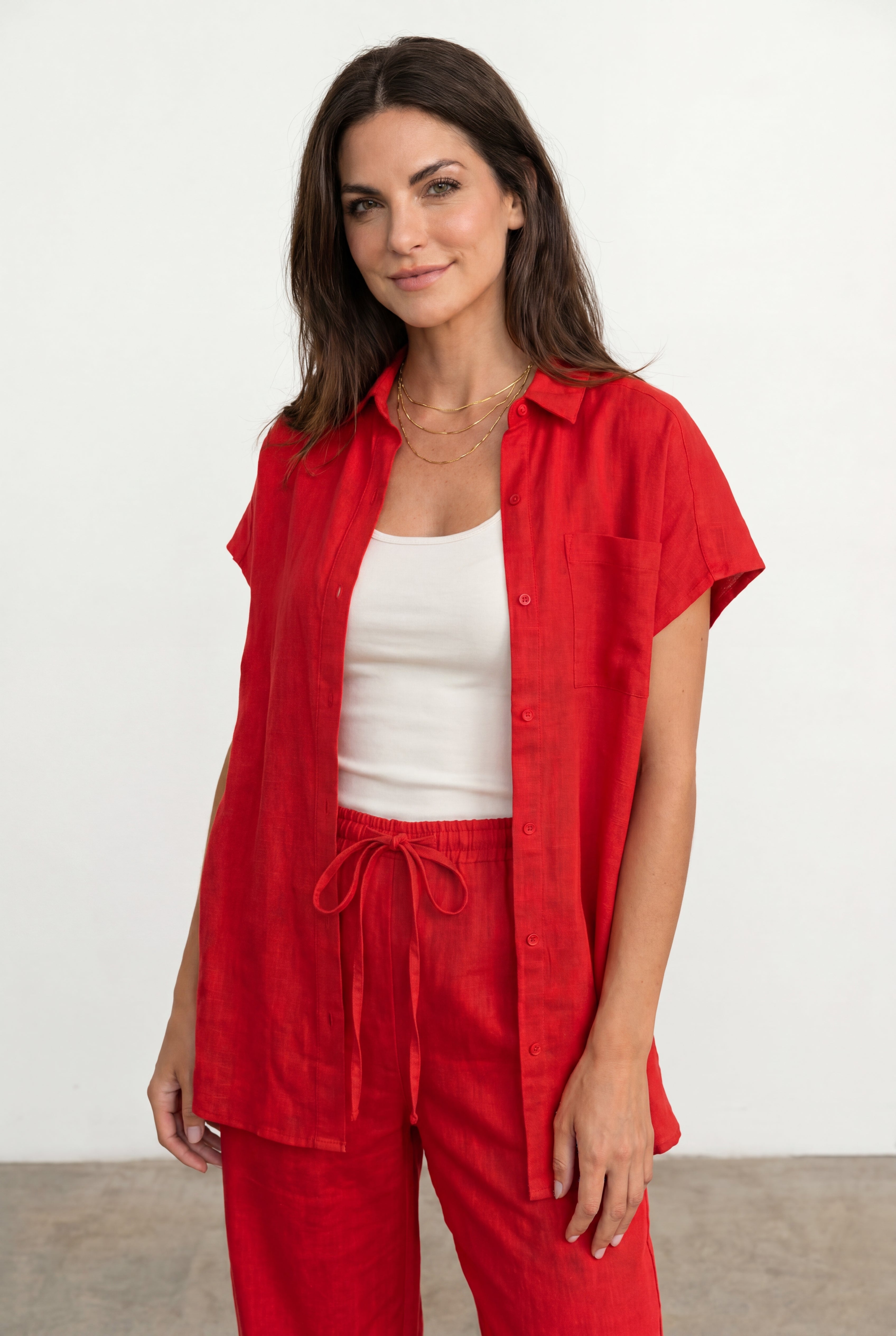 Linen-Blend Button-Front Short Sleeve Collared Tunic image number 0