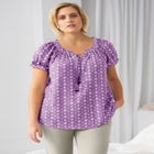 A-Line Scoop Neck Ruffle Trim 100% Cotton Cambric Peasant Blouse image number null