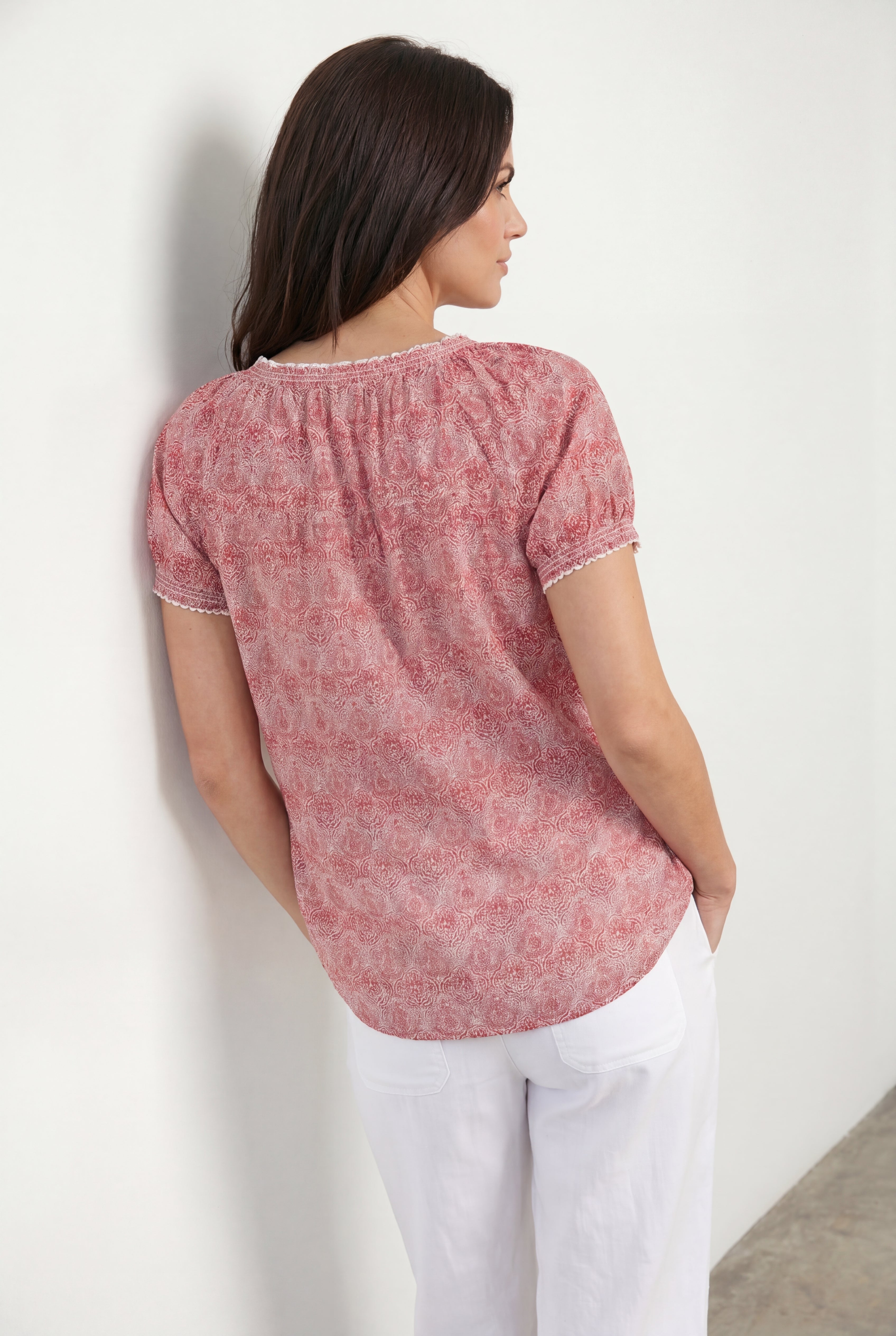 A-Line Scoop Neck Ruffle Trim 100% Cotton Cambric Peasant Blouse image number 1