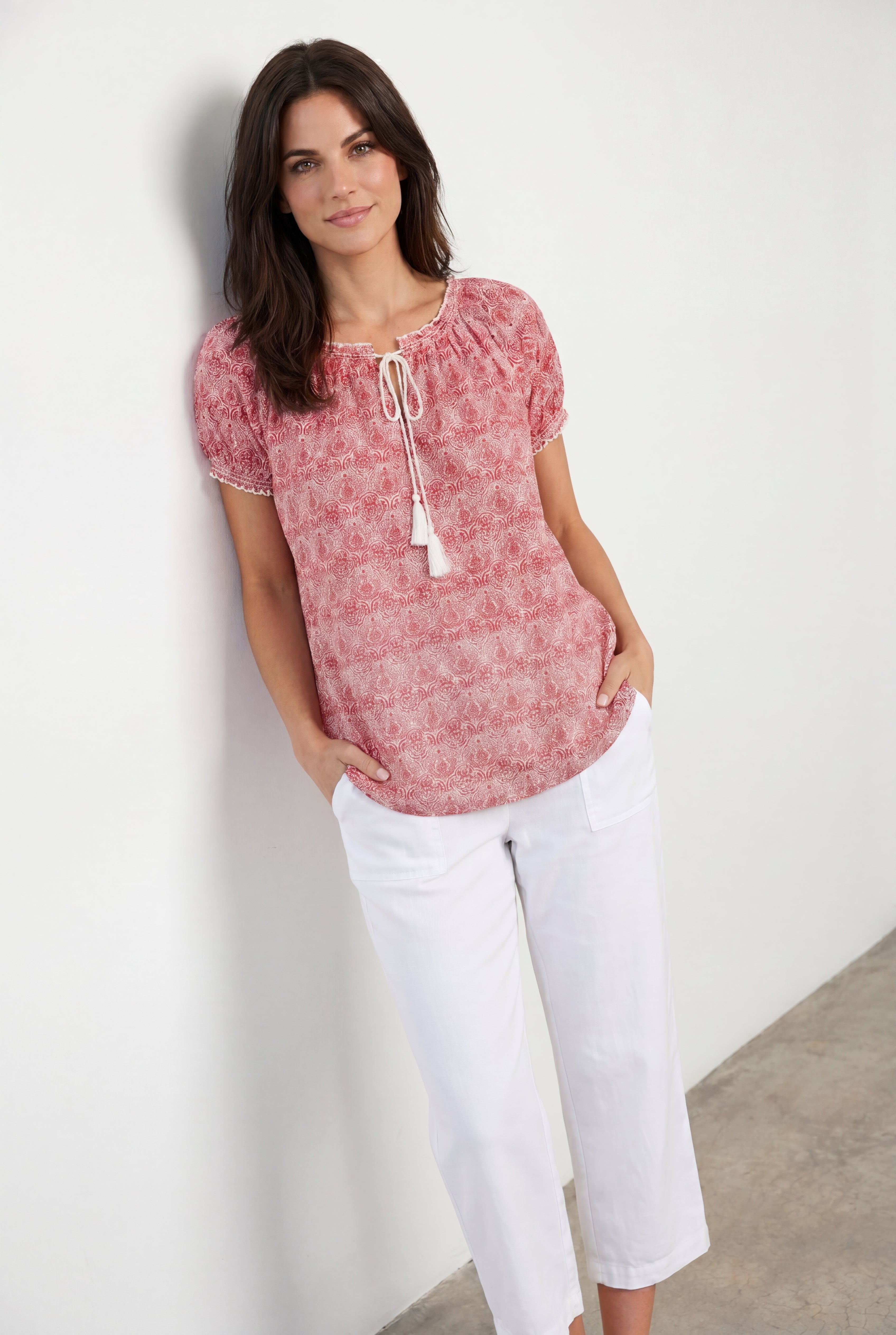 A-Line Scoop Neck Ruffle Trim 100% Cotton Cambric Peasant Blouse image number 0