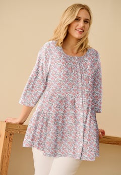 100% Cotton Cambric Three-Quarter Sleeve Tiered Flounce Scoopneck Tunic