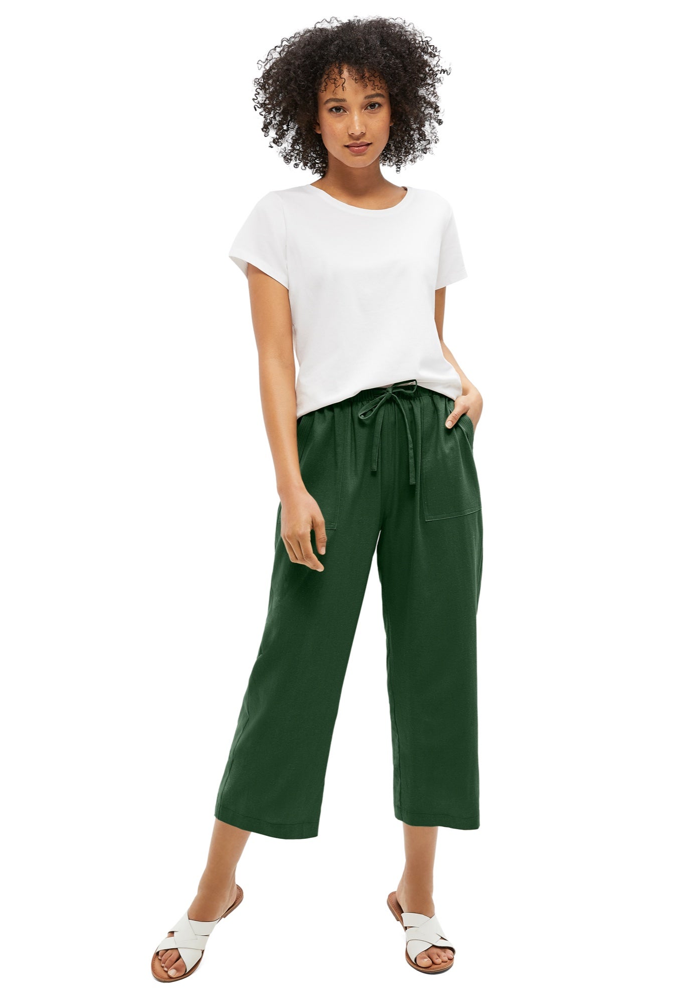 Linen-Blend Drawstring Elastic Waist Relaxed Fit Capris image number 2