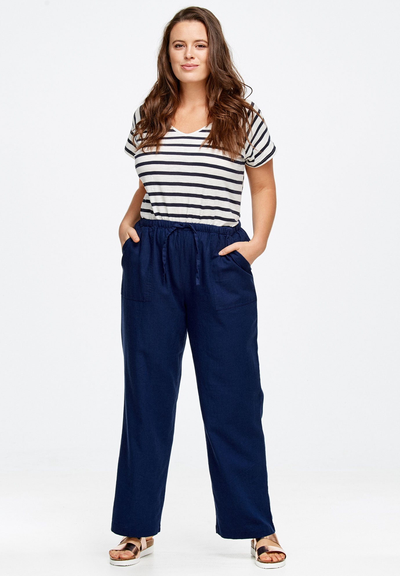 Linen Blend Drawstring Pants - Full Leg, Black | Ellos