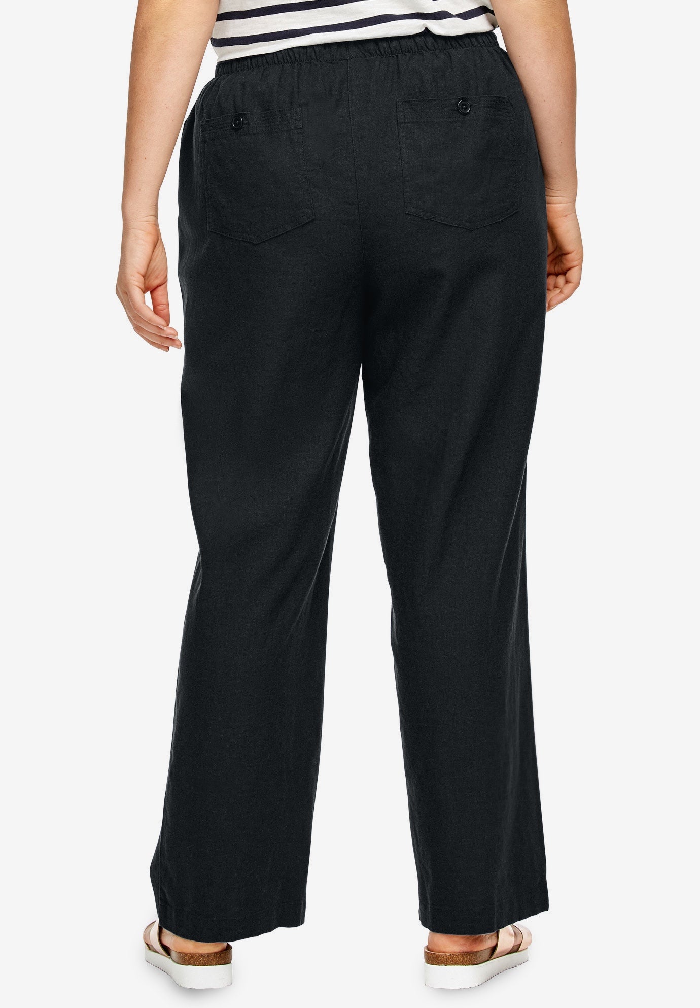 Linen Blend Drawstring Pants - Full Leg, Black | Ellos