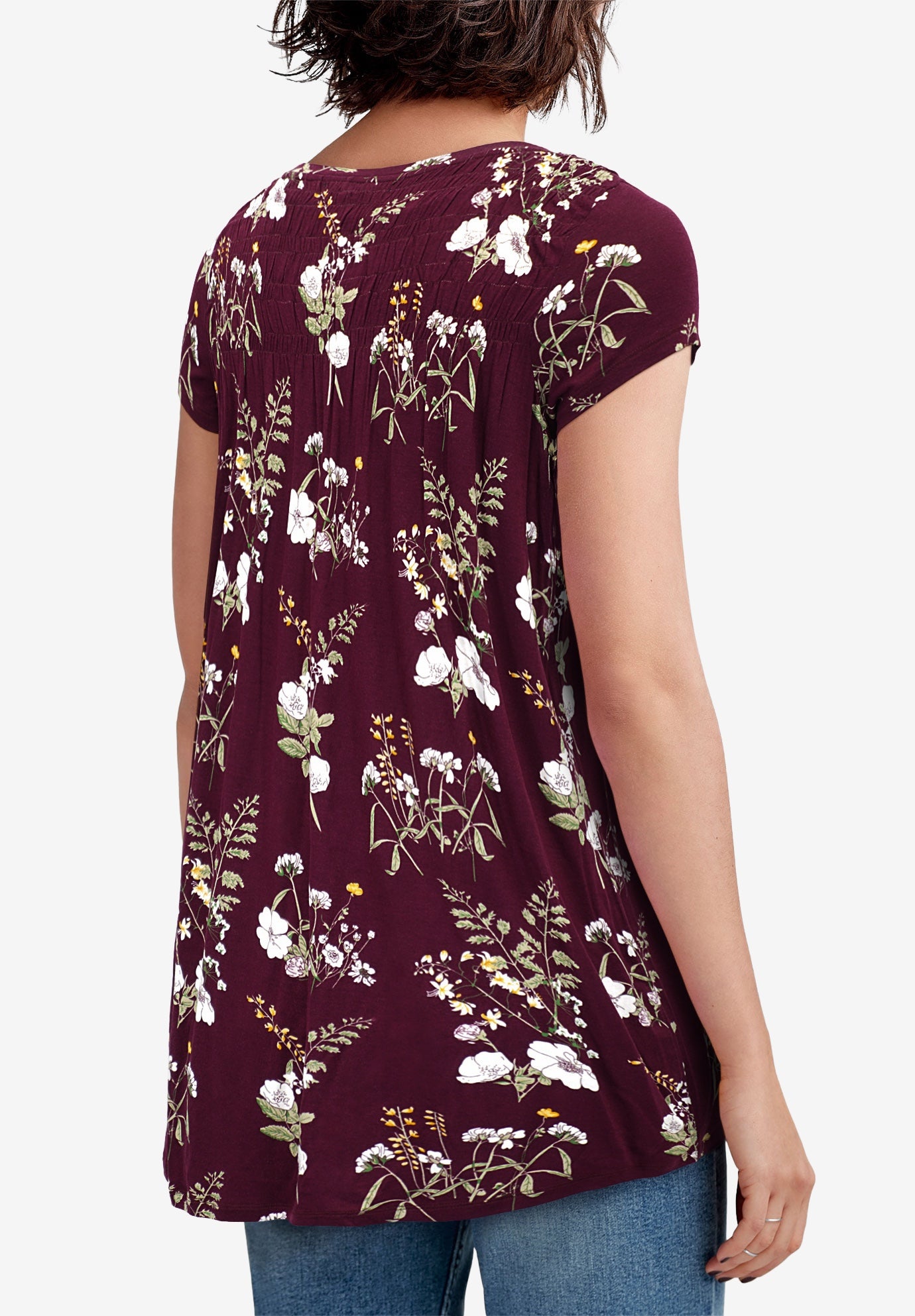 Stretch Jersey A-Line Cap Short Sleeve Smocked Tunic image number 1
