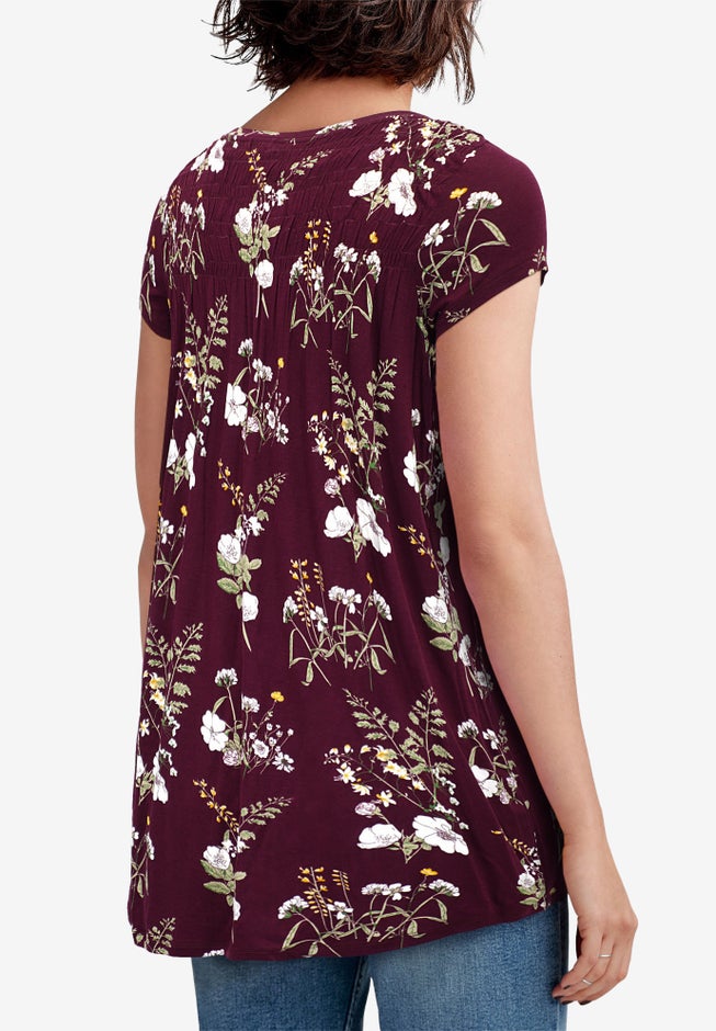 Stretch Jersey A-Line Cap Short Sleeve Smocked Tunic image number 1