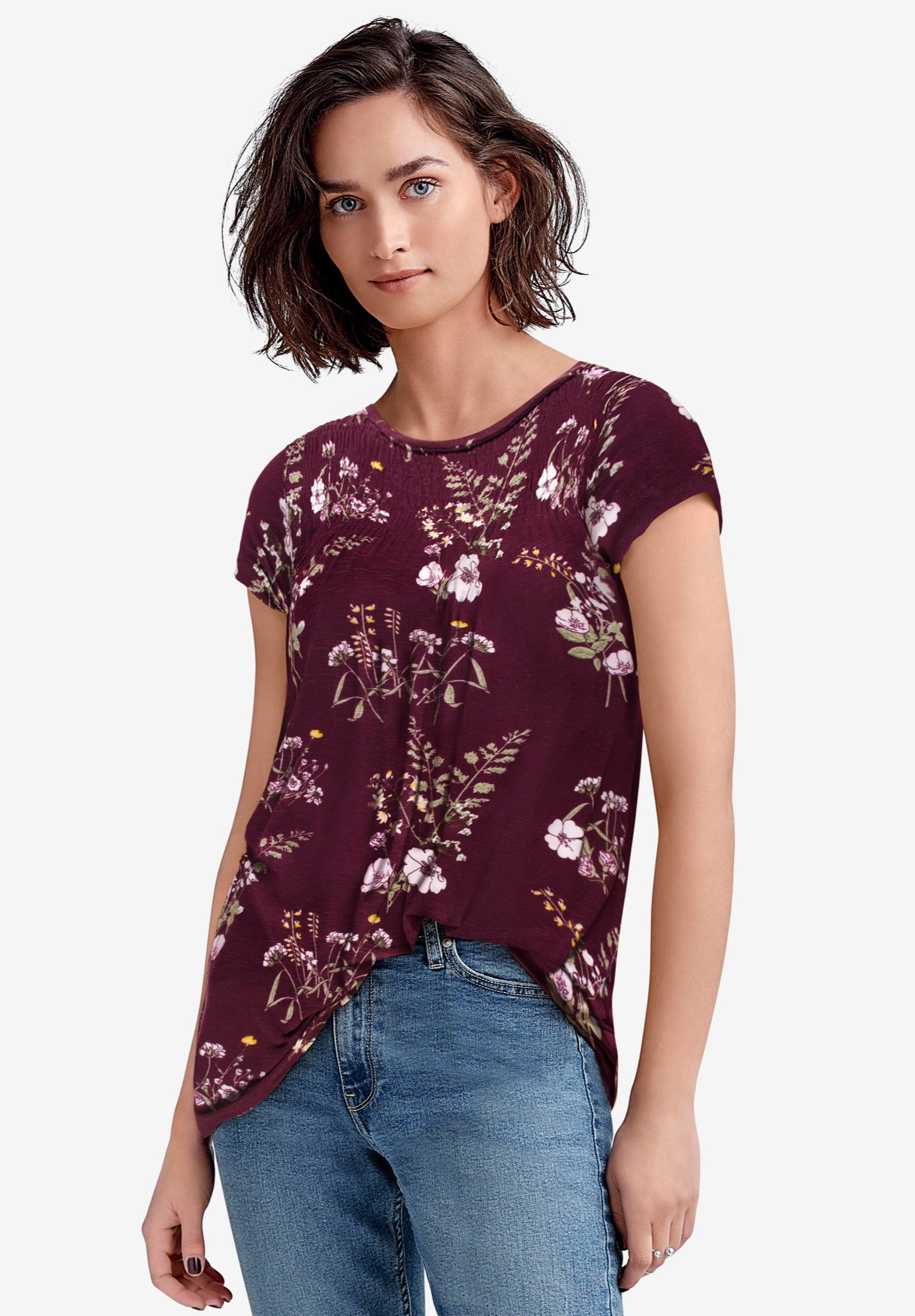 Stretch Jersey A-Line Cap Short Sleeve Smocked Tunic image number 0